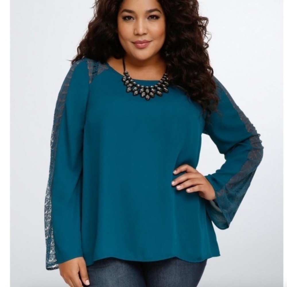 Torrid Lace Inset Georgette Blouse Deep Sea Teal Scotdic Size 2